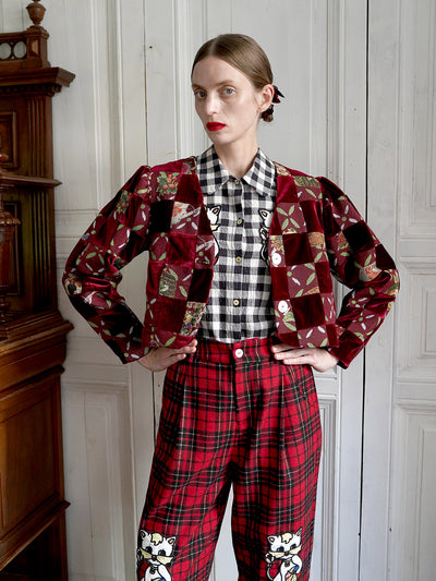 Unlogical Poem Retro-style Velvet and Yarn-dyed Patchwork Red Blazer