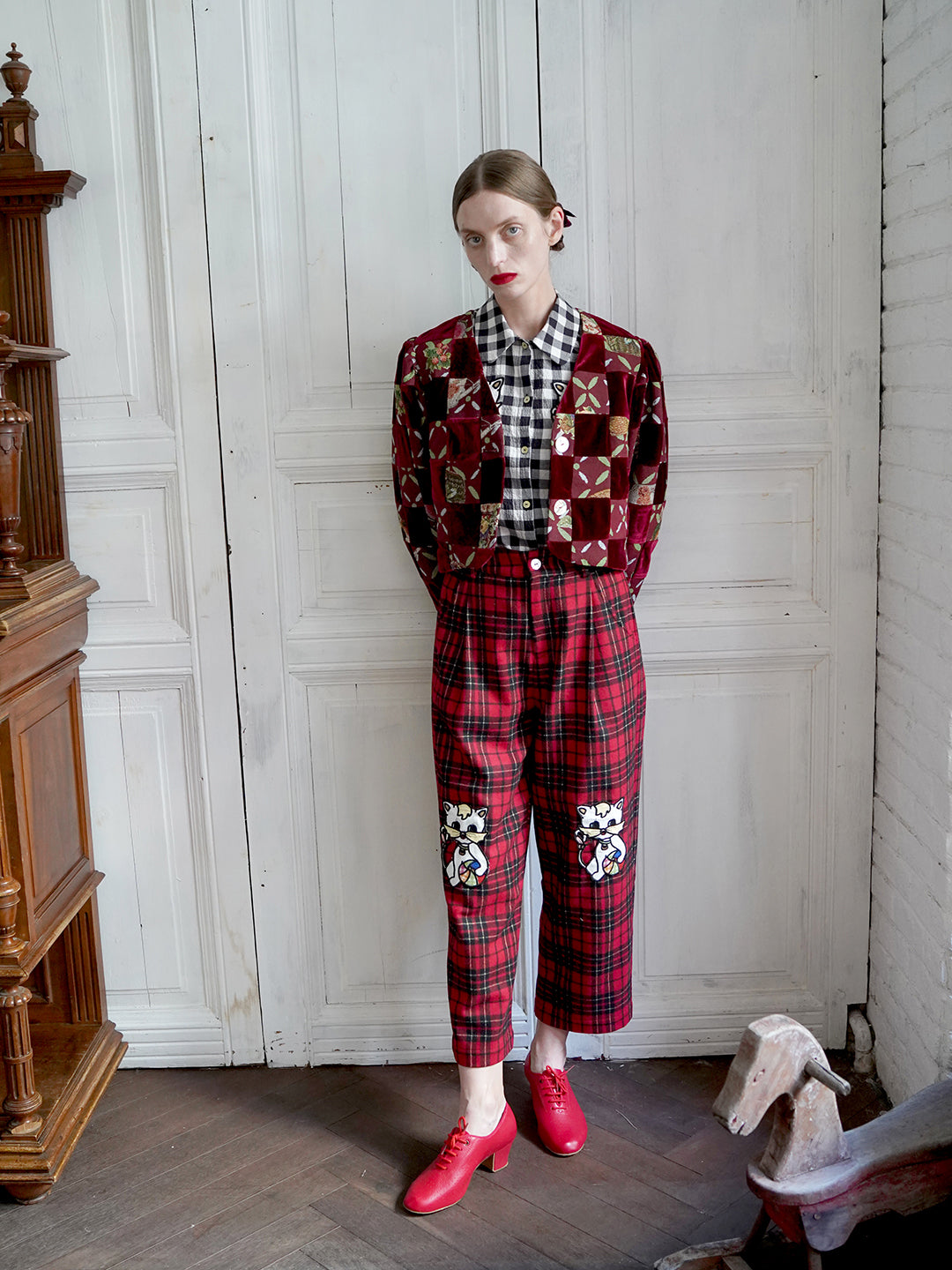 Unlogical Poem Retro-style Velvet and Yarn-dyed Patchwork Red Blazer