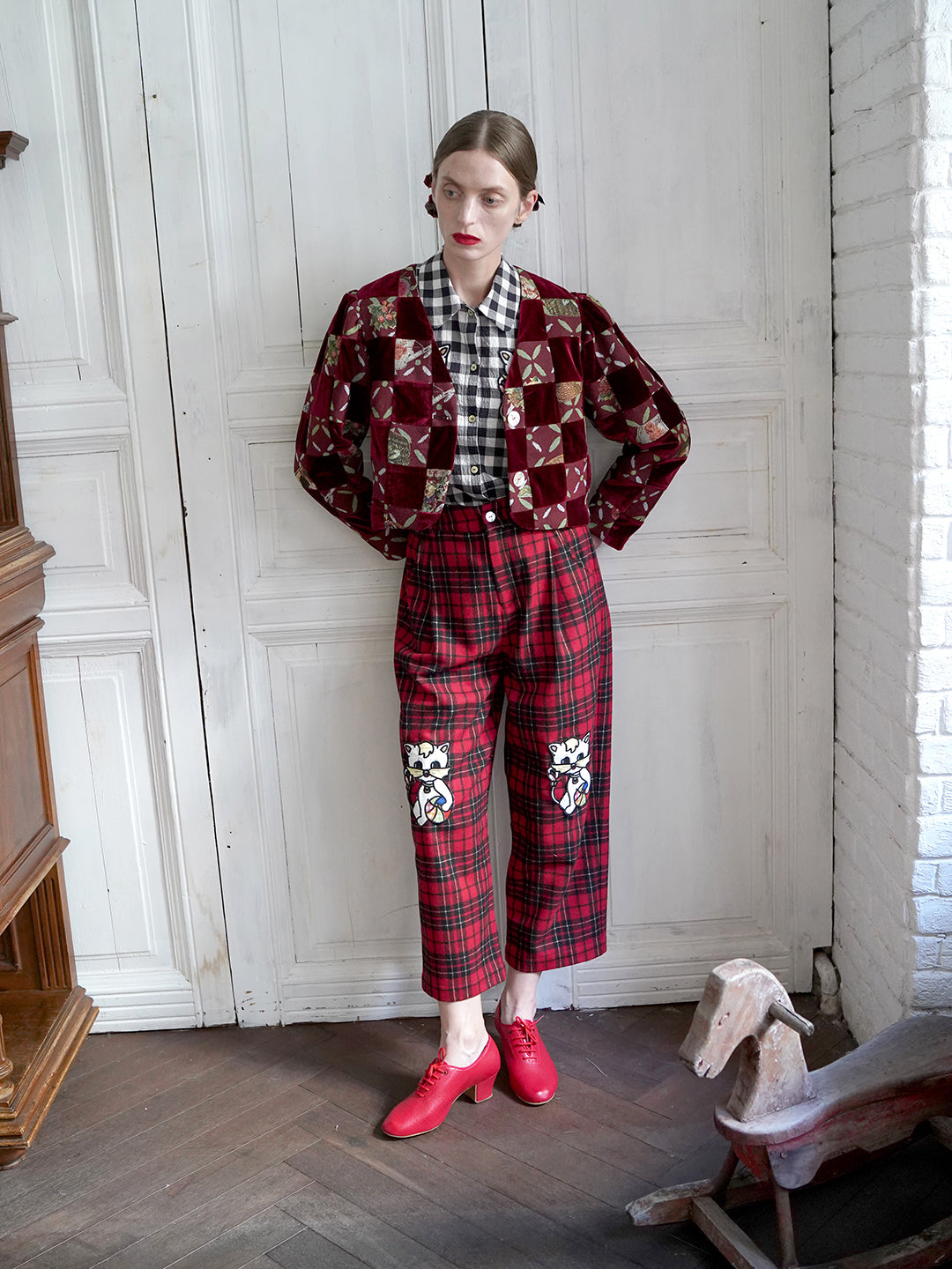 Unlogical Poem Retro-style Velvet and Yarn-dyed Patchwork Red Blazer