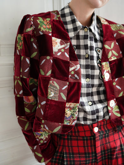 Unlogical Poem Retro-style Velvet and Yarn-dyed Patchwork Red Blazer