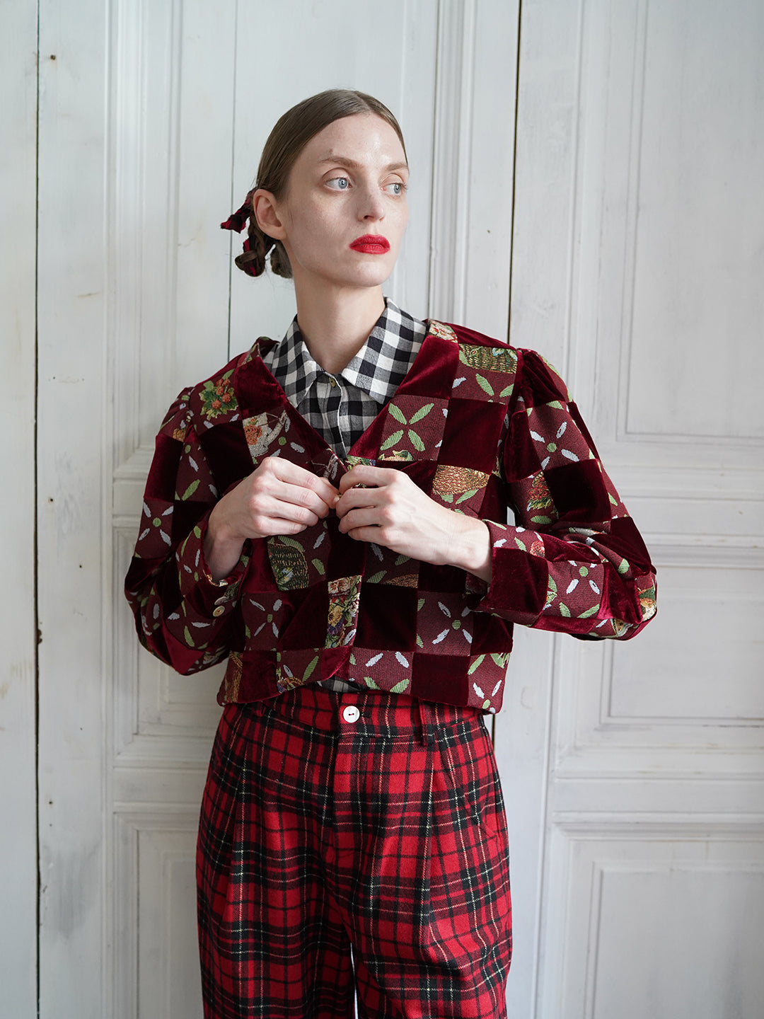 Unlogical Poem Retro-style Velvet and Yarn-dyed Patchwork Red Blazer