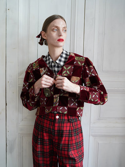 Unlogical Poem Retro-style Velvet and Yarn-dyed Patchwork Red Blazer