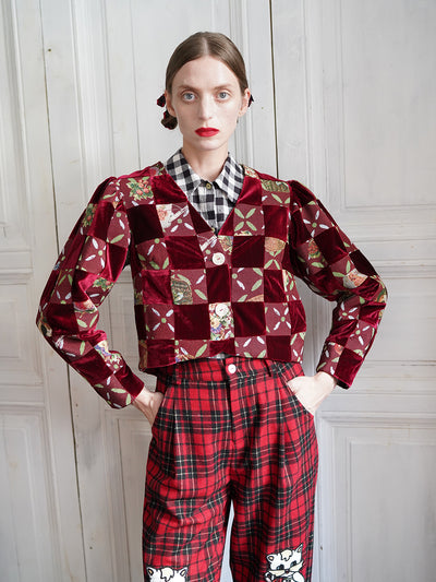 Unlogical Poem Retro-style Velvet and Yarn-dyed Patchwork Red Blazer