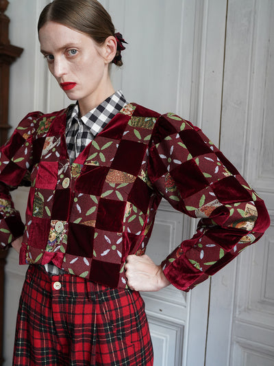 Unlogical Poem Retro-style Velvet and Yarn-dyed Patchwork Red Blazer