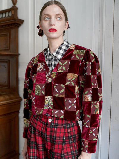 Unlogical Poem Retro-style Velvet and Yarn-dyed Patchwork Red Blazer