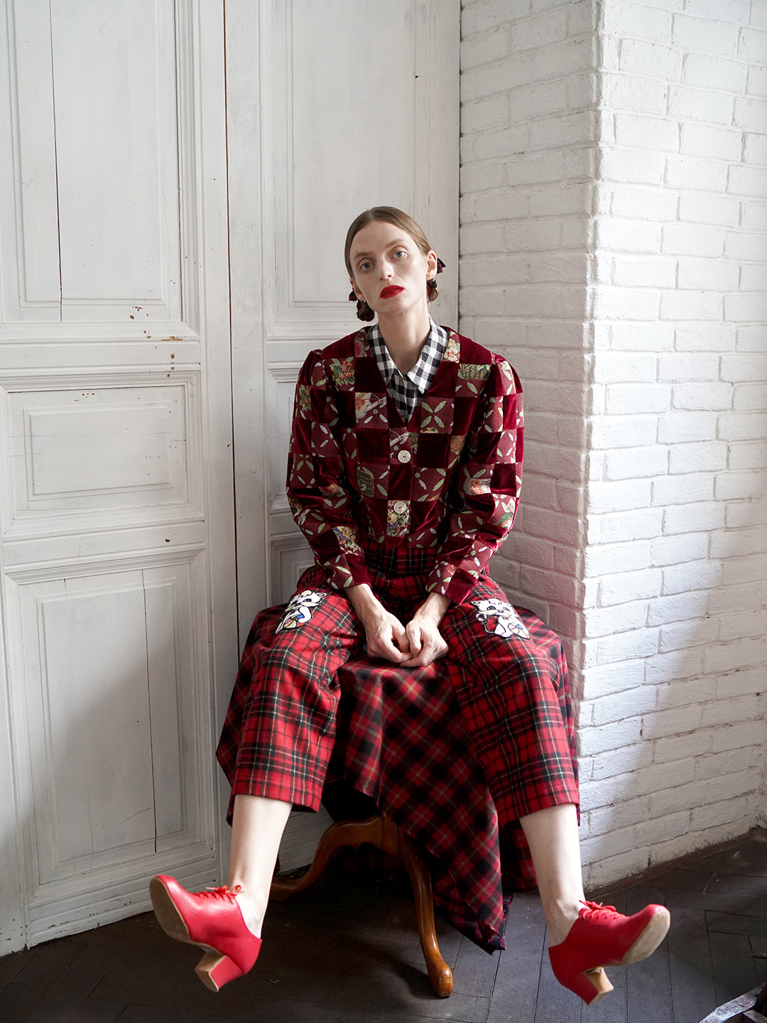 Unlogical Poem Retro-style Velvet and Yarn-dyed Patchwork Red Blazer