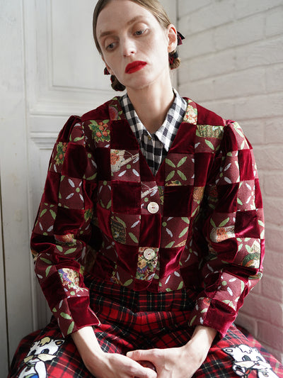 Unlogical Poem Retro-style Velvet and Yarn-dyed Patchwork Red Blazer