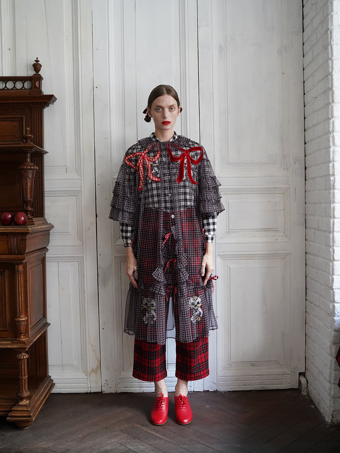 Unlogical Poem Vintage Style Ruffle Black Gingham Dress Smock