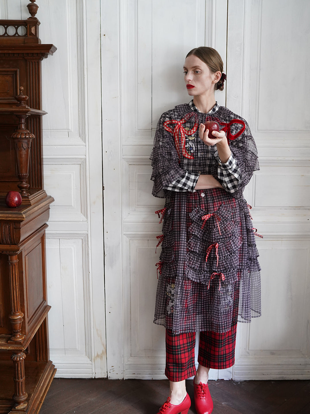 Unlogical Poem Vintage Style Ruffle Black Gingham Dress Smock