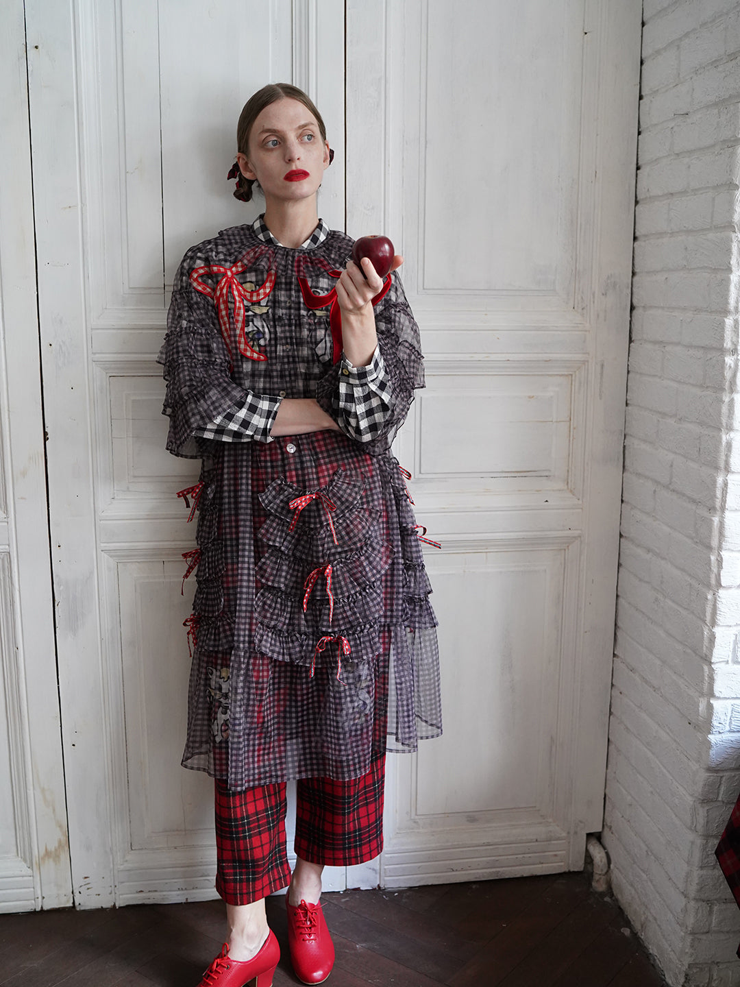 Unlogical Poem Vintage Style Ruffle Black Gingham Dress Smock