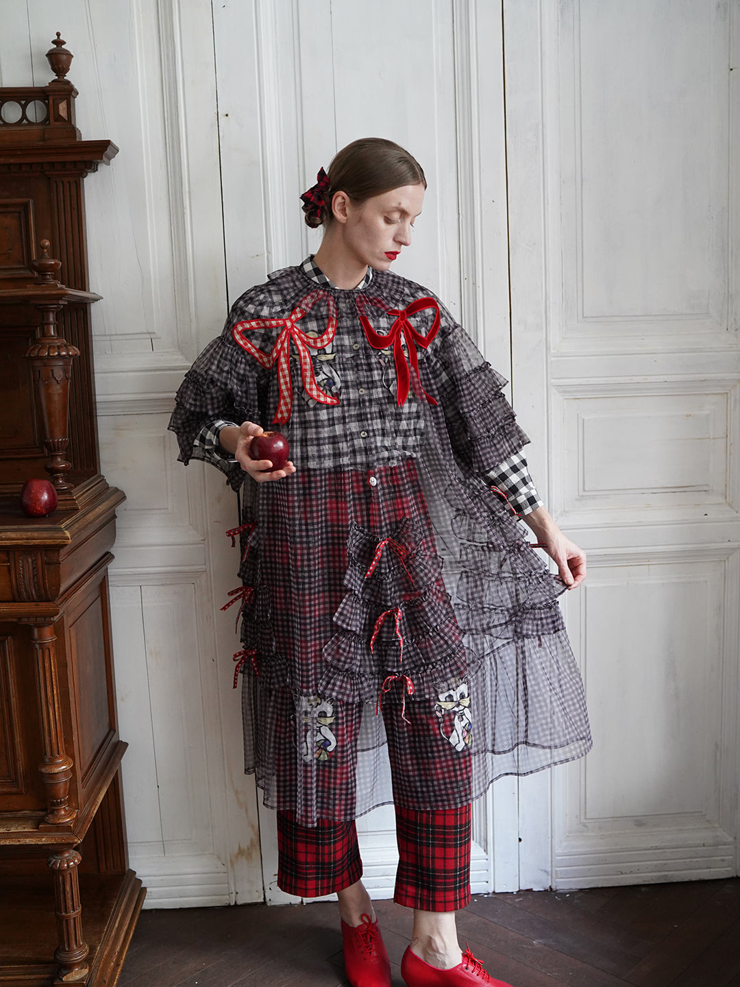 Unlogical Poem Vintage Style Ruffle Black Gingham Dress Smock