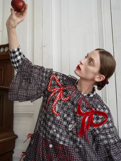 Unlogical Poem Vintage Style Ruffle Black Gingham Dress Smock