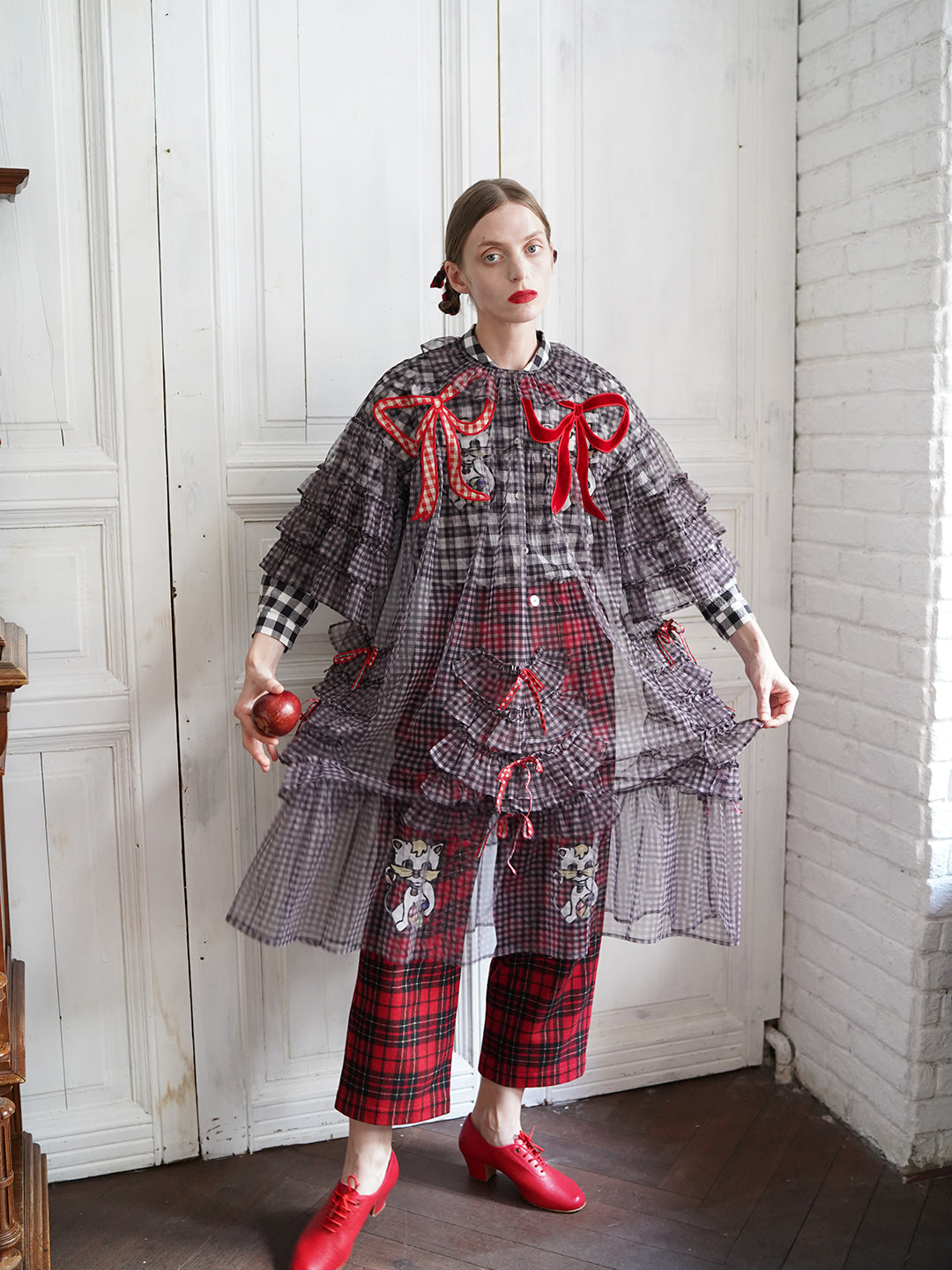 Unlogical Poem Vintage Style Ruffle Black Gingham Dress Smock