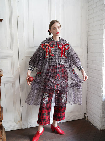 Unlogical Poem Vintage Style Ruffle Black Gingham Dress Smock