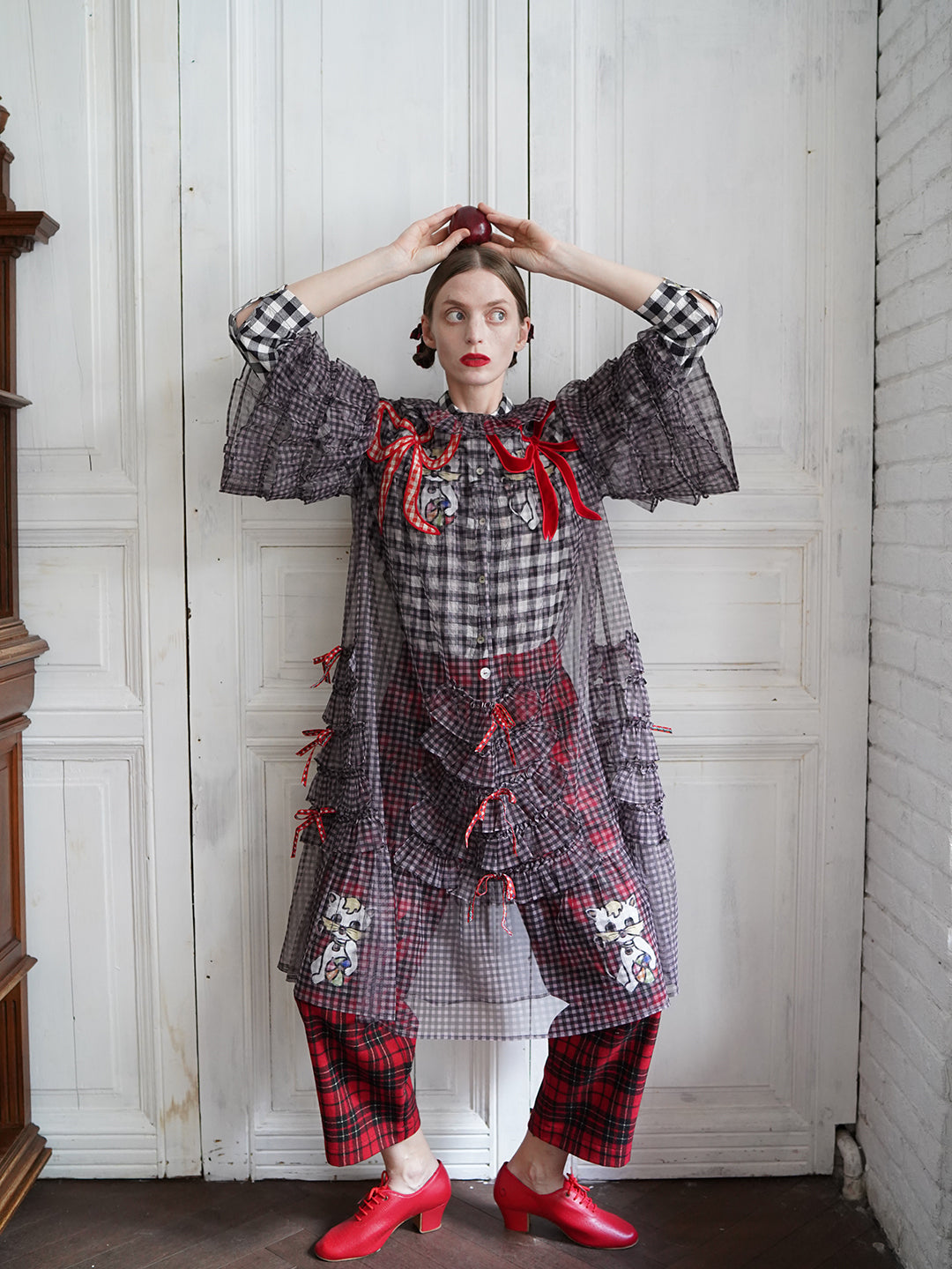 Unlogical Poem Vintage Style Ruffle Black Gingham Dress Smock