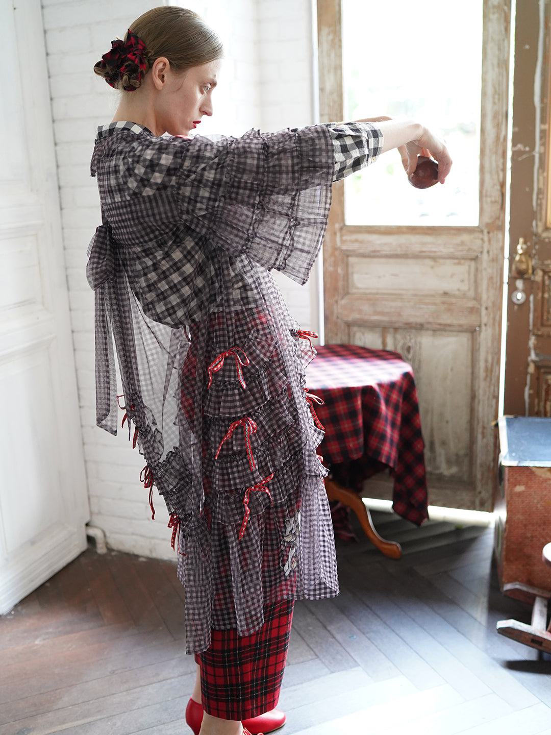 Unlogical Poem Vintage Style Ruffle Black Gingham Dress Smock