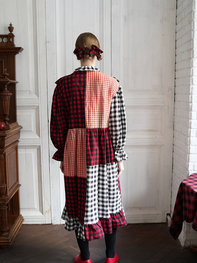 Unlogical Poem Cat Embroidered Gingham Patchwork Dress