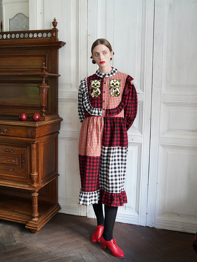 Unlogical Poem Cat Embroidered Gingham Patchwork Dress