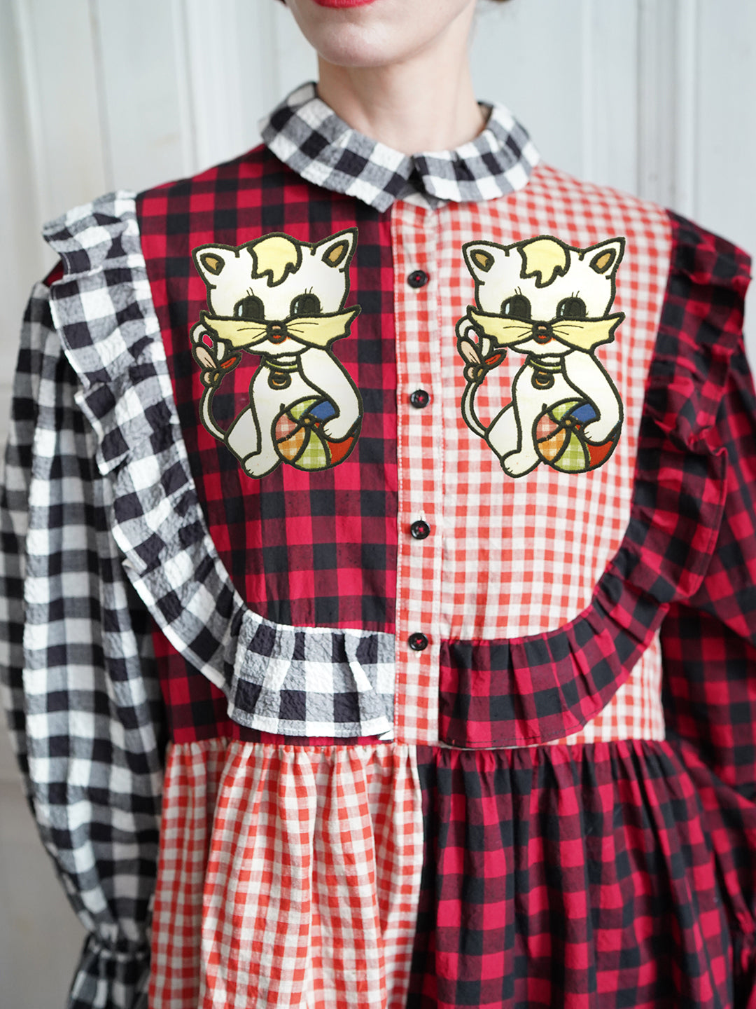 Unlogical Poem Cat Embroidered Gingham Patchwork Dress
