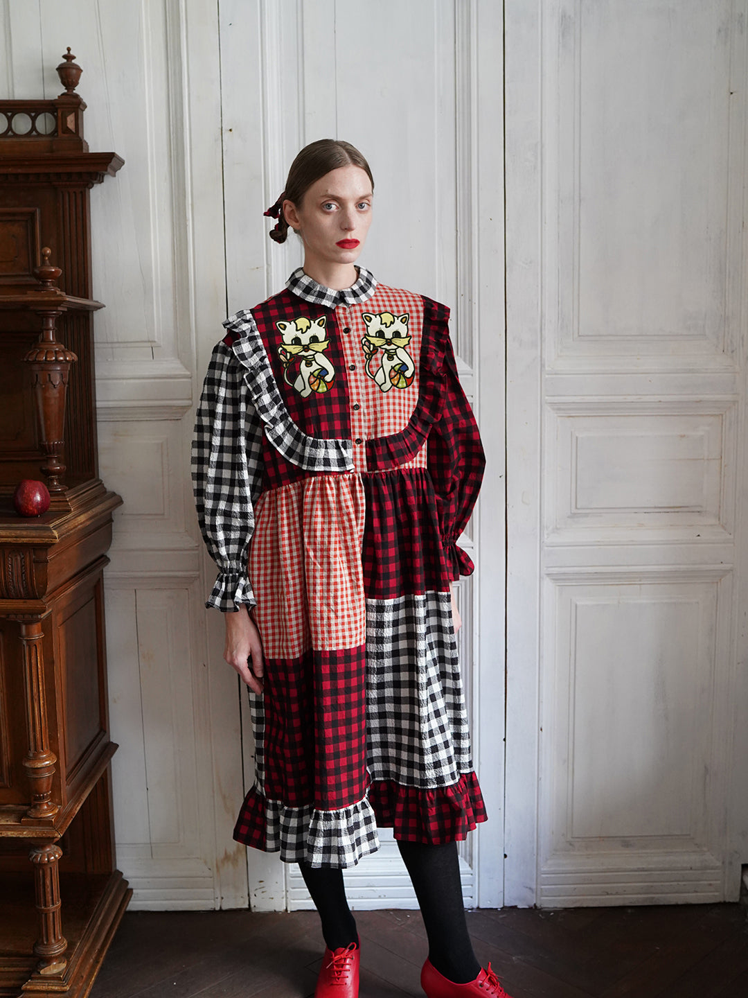 Unlogical Poem Cat Embroidered Gingham Patchwork Dress