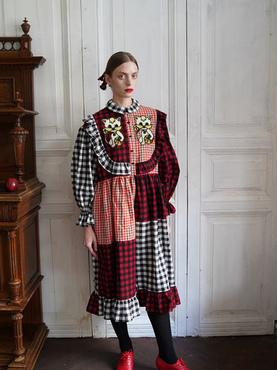 Unlogical Poem Cat Embroidered Gingham Patchwork Dress