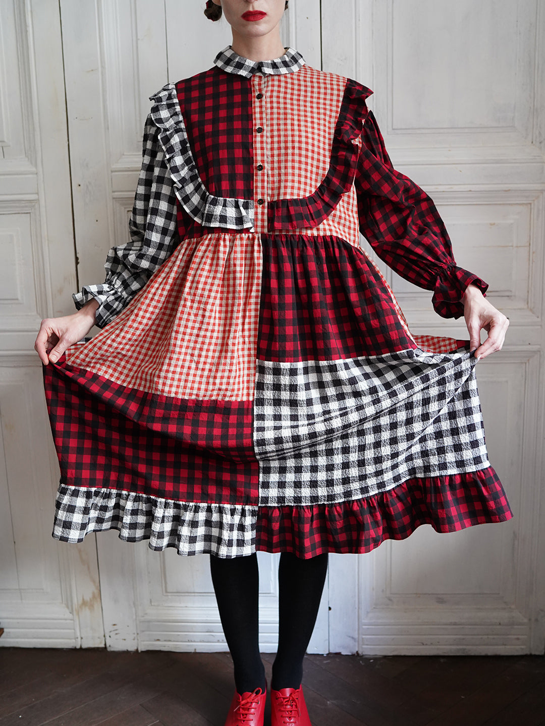 Unlogical Poem Retro Style Red and Black Gingham Patchwork Dress