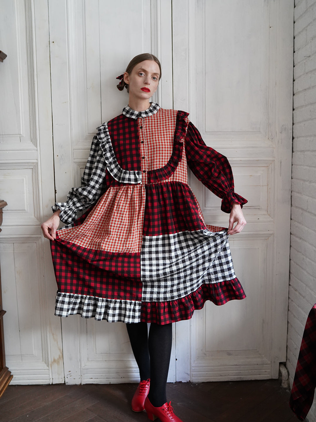 Unlogical Poem Retro Style Red and Black Gingham Patchwork Dress