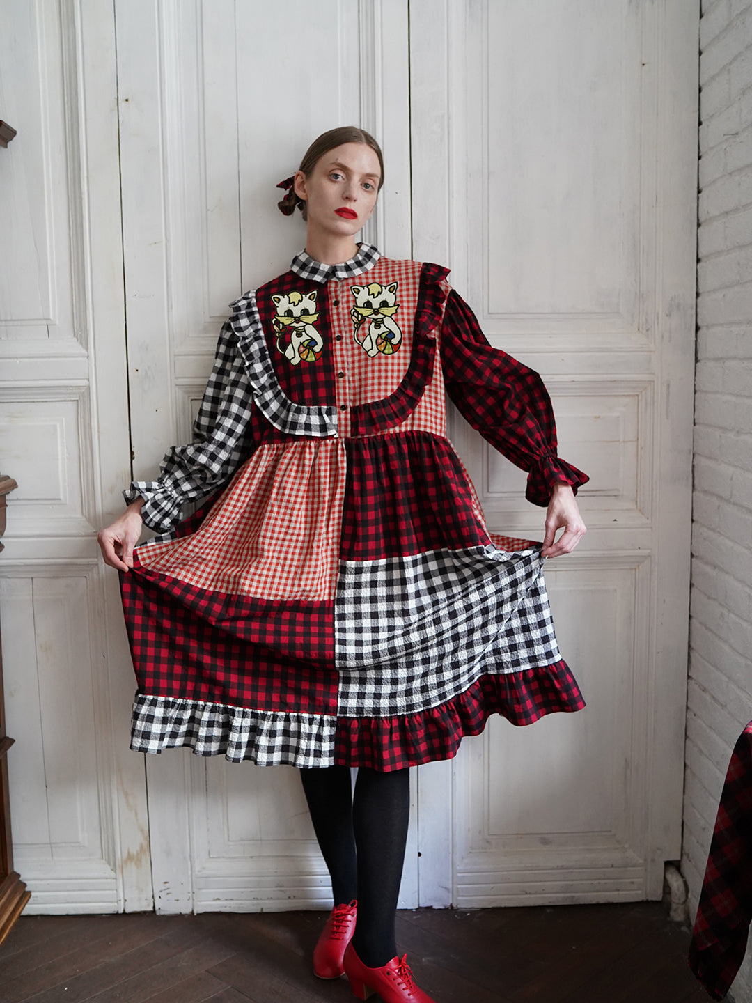 Unlogical Poem Cat Embroidered Gingham Patchwork Dress