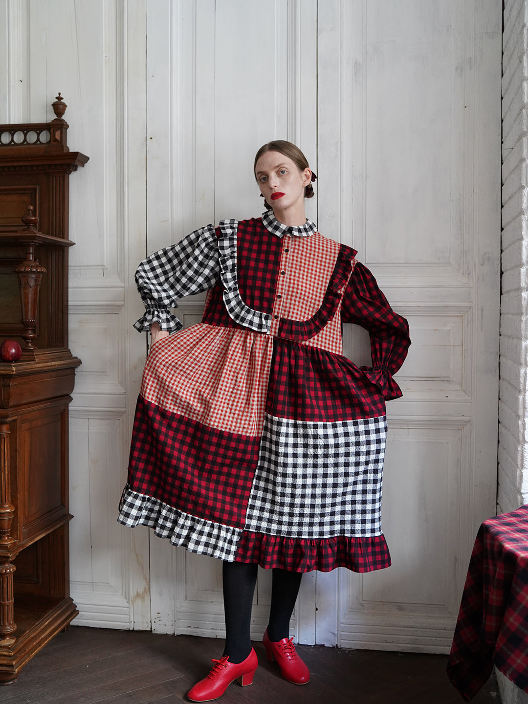 Unlogical Poem Retro Style Red and Black Gingham Patchwork Dress