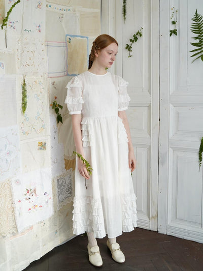 Unlogical Poem Victorian Style Ruffled White Ramie Dress