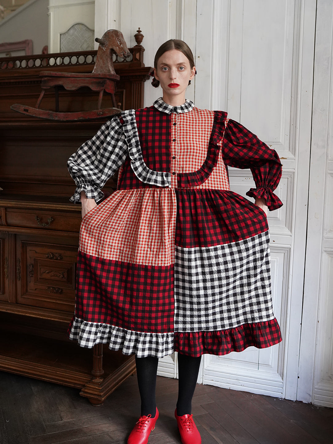 Unlogical Poem Retro Style Red and Black Gingham Patchwork Dress