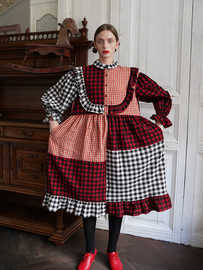 Unlogical Poem Retro Style Red and Black Gingham Patchwork Dress