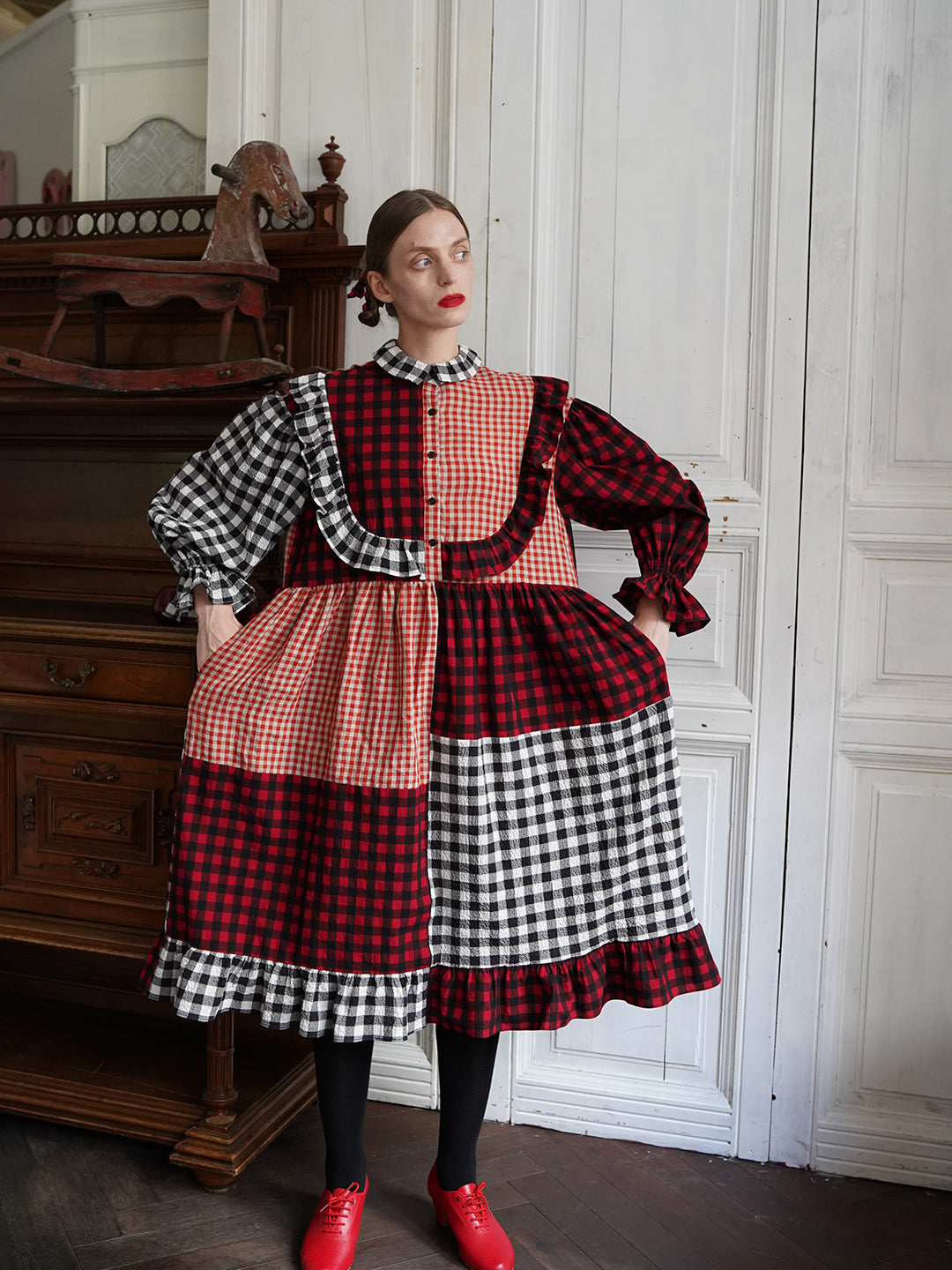 Unlogical Poem Retro Style Red and Black Gingham Patchwork Dress