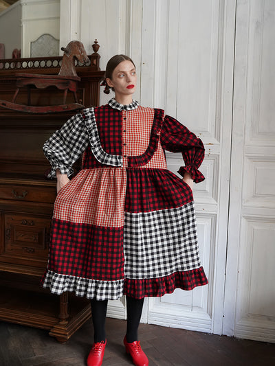 Unlogical Poem Retro Style Red and Black Gingham Patchwork Dress