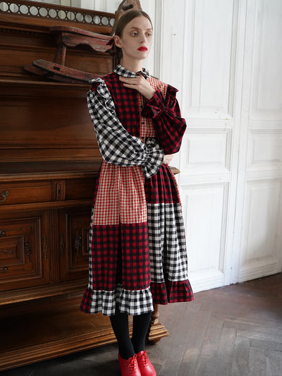Unlogical Poem Retro Style Red and Black Gingham Patchwork Dress