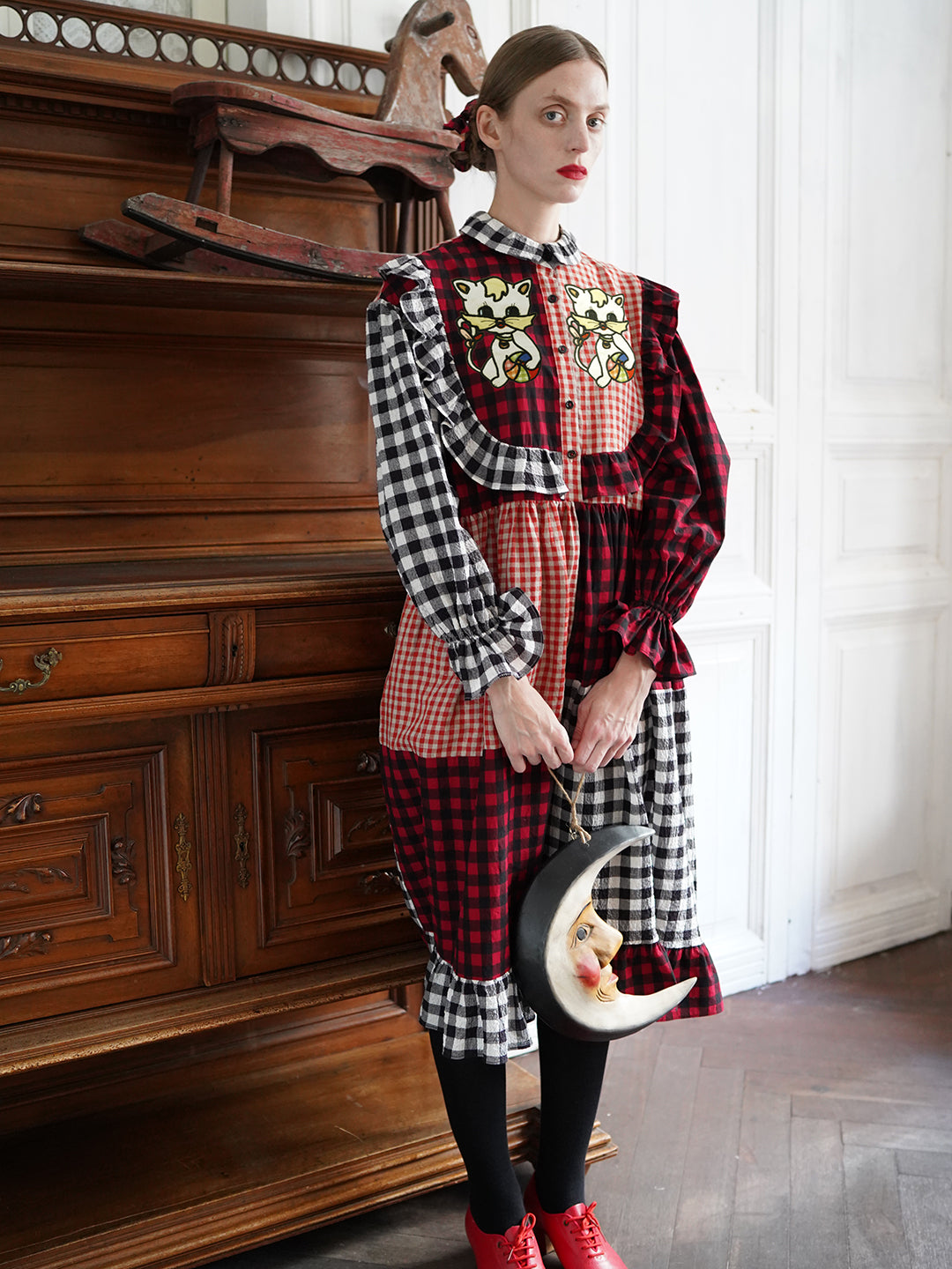 Unlogical Poem Cat Embroidered Gingham Patchwork Dress