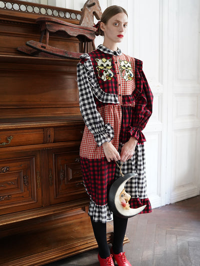 Unlogical Poem Cat Embroidered Gingham Patchwork Dress