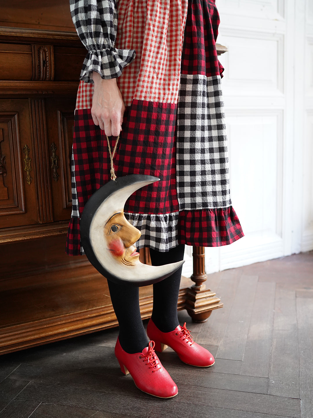 Unlogical Poem Cat Embroidered Gingham Patchwork Dress