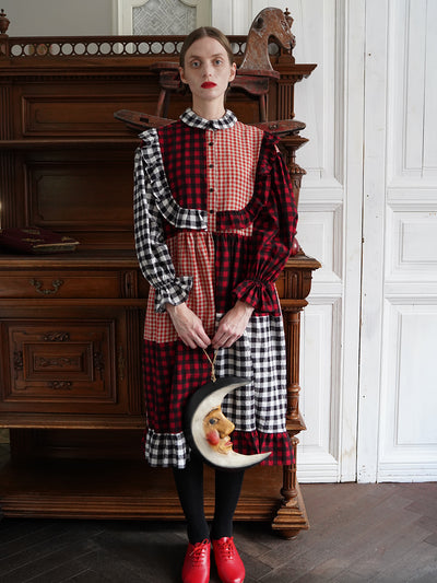Unlogical Poem Retro Style Red and Black Gingham Patchwork Dress