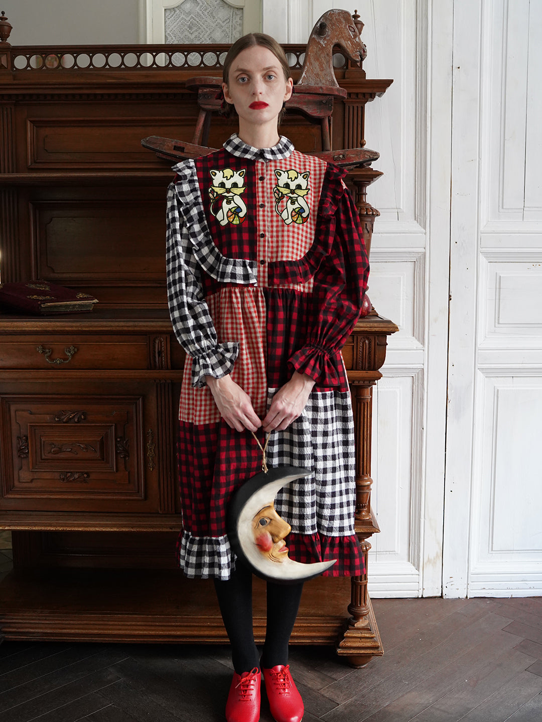 Unlogical Poem Cat Embroidered Gingham Patchwork Dress