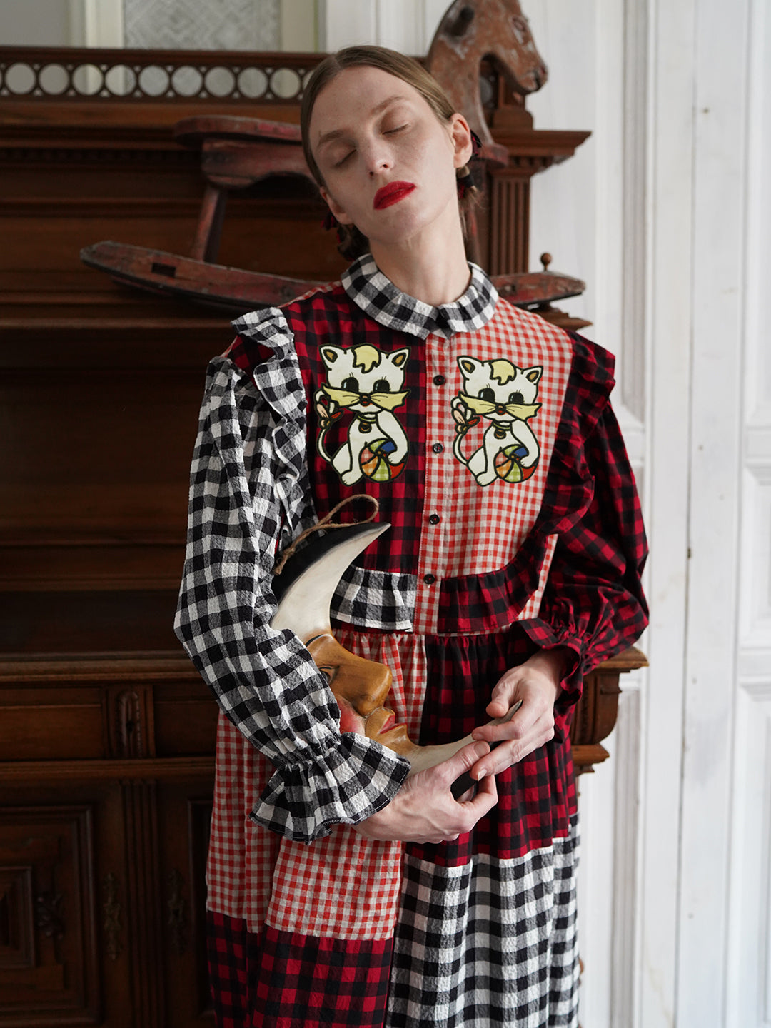 Unlogical Poem Cat Embroidered Gingham Patchwork Dress