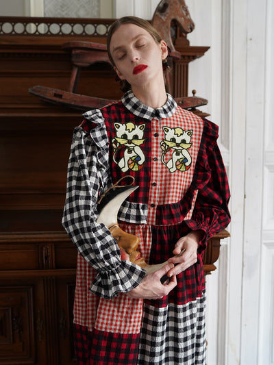 Unlogical Poem Cat Embroidered Gingham Patchwork Dress