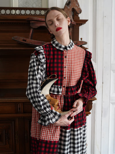 Unlogical Poem Retro Style Red and Black Gingham Patchwork Dress