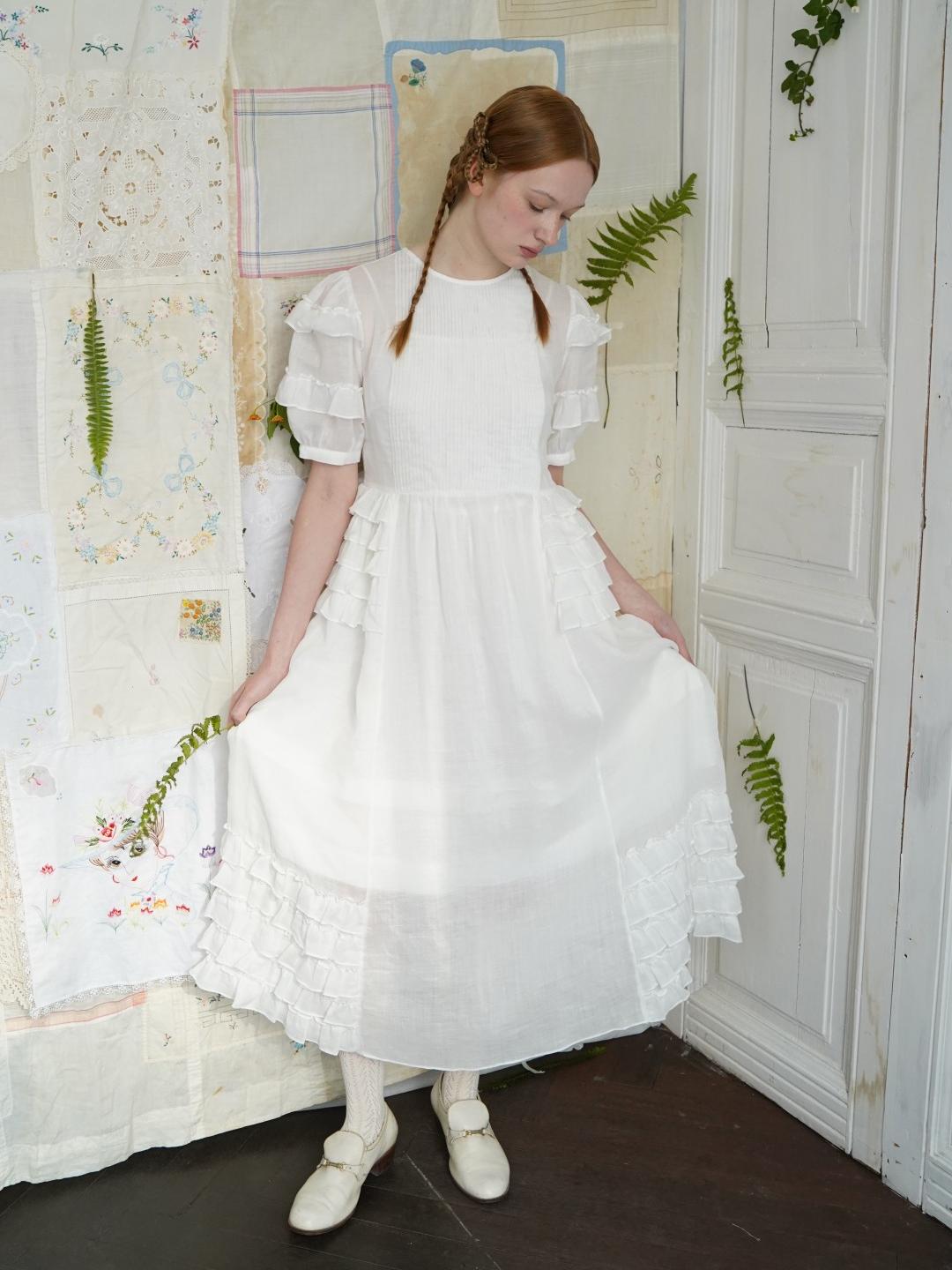Unlogical Poem Victorian Style Ruffled White Ramie Dress