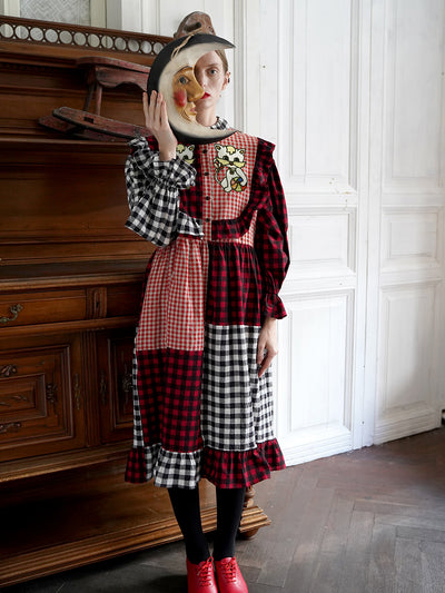 Unlogical Poem Cat Embroidered Gingham Patchwork Dress