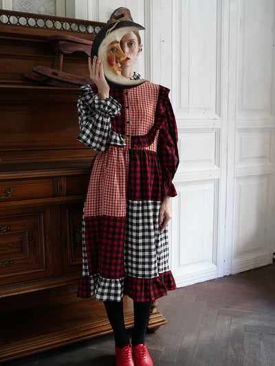 Unlogical Poem Retro Style Red and Black Gingham Patchwork Dress