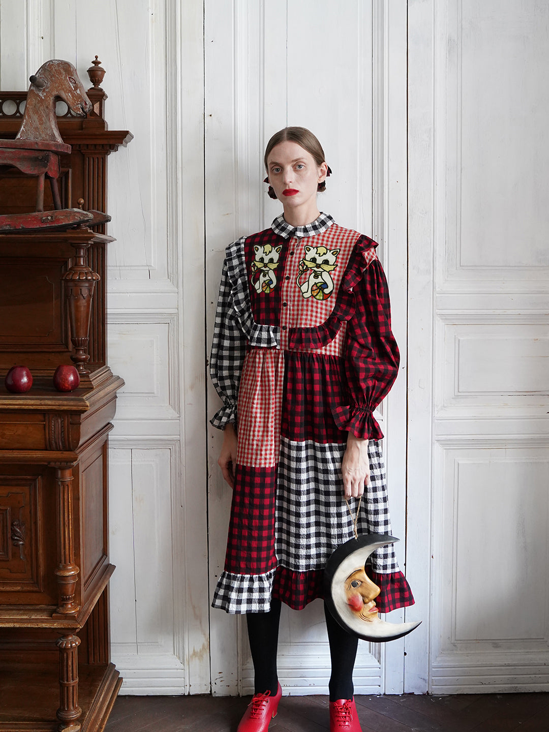 Unlogical Poem Cat Embroidered Gingham Patchwork Dress