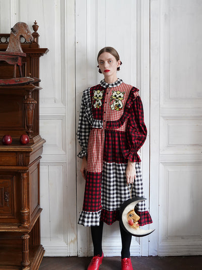 Unlogical Poem Cat Embroidered Gingham Patchwork Dress