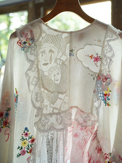 Unlogical Poem Cat and Pierrot Embroidery Patchwork Printed Lace Blouse