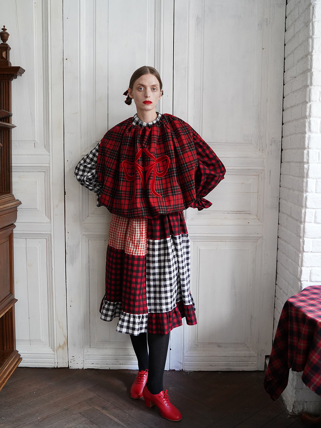 Unlogical Poem Cat Embroidered Gingham Patchwork Dress